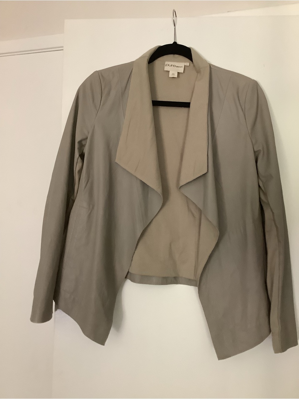 Pure DKNY Lambskin Leather Taupe Draped Open-Front Jacket, size P